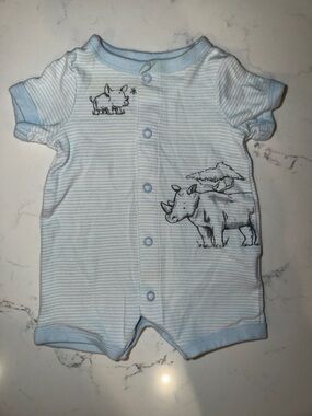 Carter's Light Blue & White Striped Rhino Short Sleeve One-Piece